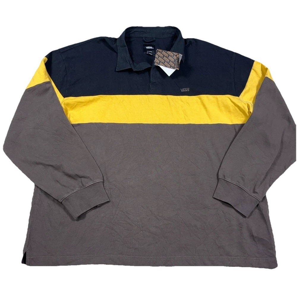 Vans Rugby Polo Shirt Men XXL 2XL Black Brown Yellow Long Sleeve Colorblock NEW